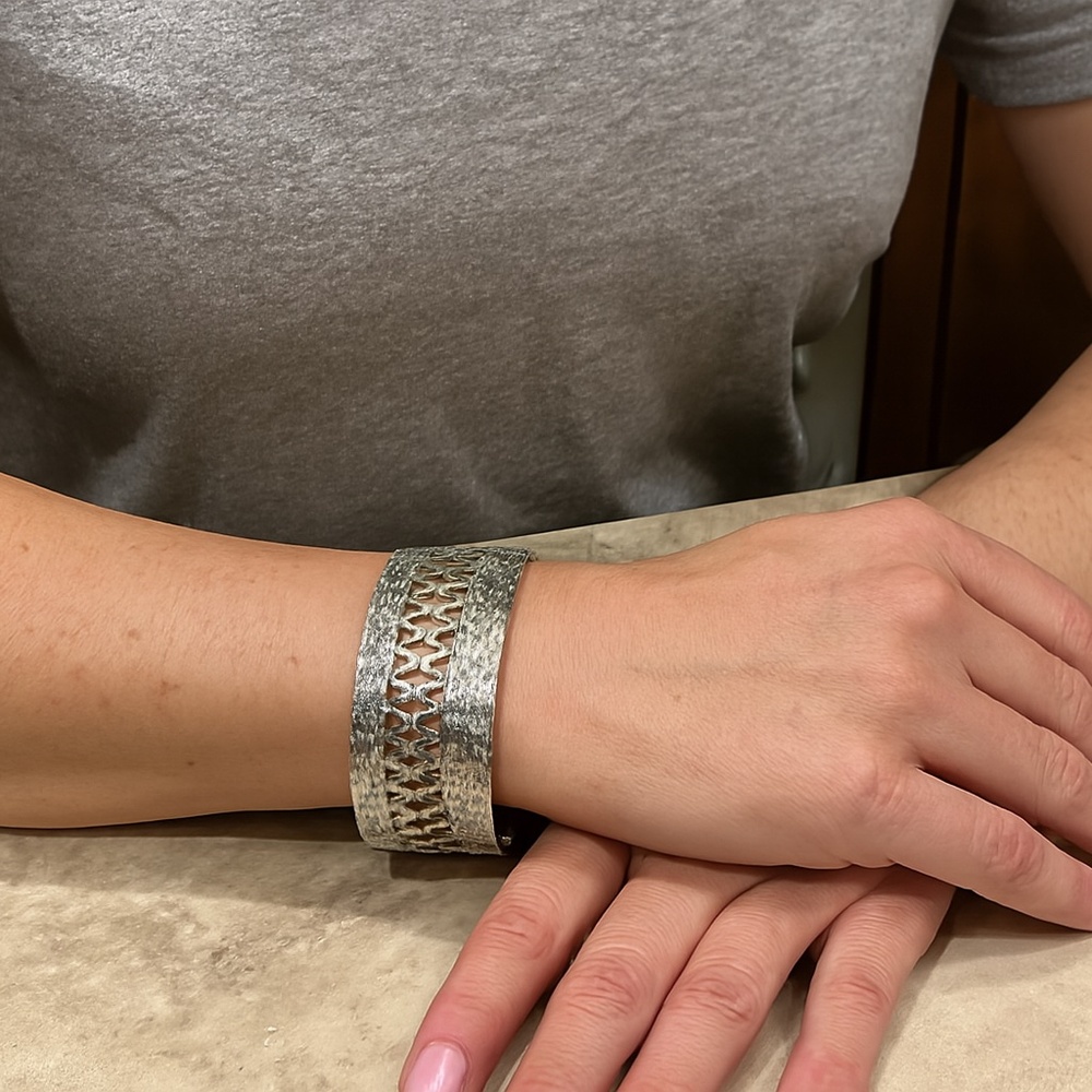 Open Cuff Bracelet Silver tone Embossed Cutout Vintage 1” wide